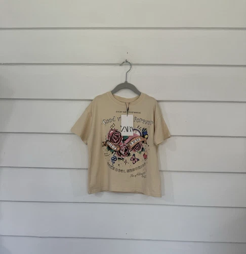 NEW ZARA GIRL beige T-SHIRT believe in magic good vibes Short Sleeves 6 7 years