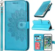 Cavor Wallet Case for iPhone SE 2020/ SE 2022, iPhone 7/8 PU Leather Case Magnetic 3D Embossed Flower Women Flip Kickstand with Card Holder Wristlet Hand Strap Protective Cover-Flower Sky Blue