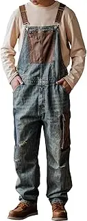 [Rexcyril] Men's Baggy Denim Bib Overalls Vintage Contrast Distressed Work Dungarees Sloppy Coveralls with Big Pockets