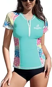 [BesserBay] Women's Rash Guard Short Sleeve Surf Shirt 1/4 Zip Swimwear UPF 50+ S-XXL, A6, L