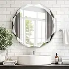 Wall Mounted Bathroom Vanity Mirror, Frameless Beveled Round Mirror for Home