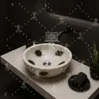 15" White Quartz & Black Agate Sink – Round Stone Vessel Basin for Modern Luxury