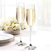Set 2 Silver Champagne Glass Flutes & Sparkling Crystal Diamante Filled Stems