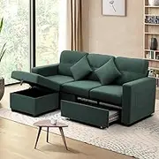 Oikiture 3 Seater Sofa with Ottoman and Drawer Velvet Lounge Chair Set Modular Coush Green