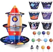 Space Cupcake Stand，3-Tier Galaxy Theme Cardboard Cupcake Tower for 24 Cupcakes，Outer Space Solar System Decoration for Kids Boys Birthday Party Supplies