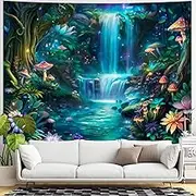 Yeoiat Waterfall Tapestry Forest Mushroom Wall Tapestry for Bedroom Floral Aesthetic Tapestries Wall Hanging for Living Room Bedroom Waterfall 70×90 Inches