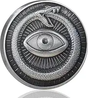 LZWIN Antique Silver Solid Metal Challenge Coin with 3D Embossed Sun, Moon, All-Seeing Eye, and Ouroboros - Symbols of Enlightenment and Eternity