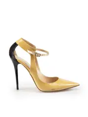 Beige Patent Leather Snakeskin Panel Heels