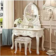 Furniture European Style Vintage Vanity Desk, Dressing Table with Oval Mirror and Drawers, Multifunctional Makeup Table for Women Girls Bedroom Makeup Dressing Table