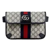 Gucci Ophidia Supreme Flap Belt Bag GG Beige Coated Canvas Navy -Red NEW