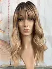 HAIRCUBE Medium Wavy Light Brown Ombre Synthetic Wig with Bangs Women