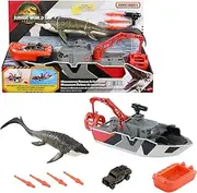 [Matchbox] Toy Car Playset, Jurassic World 12.5” Dino Boat with 13” Mosasaurus Dinosaur, 1:64 Die-Cast Jeep, Harpoon Missiles & Detachable Rescue Boat