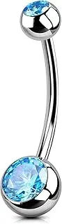 [OUFER Body Piercing] Navel Piercing 10/12/14/16 mm Titanium Internally Navel Bars Piercing 14G/1.6 mm Navel Piercing Aqua CZ Belly Bars Piercing Jewellery