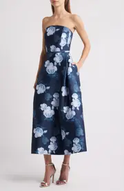 Sachin & Babi Shay Floral Strapless Stretch Mikado Cocktail Midi Dress in Midnight Glacial Rose at Nordstrom, Size 2