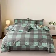 Geometric Plaid Duvet Cover Queen Gray Green Grids Lattice Print Bedding Set Reversible Soft Comfy Comforter Cover Simple Bedroom Decor Quilt Cover Set for Kids Teen Boys Girls,Double(180x210cm)