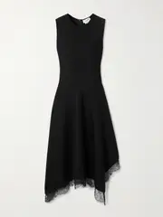 [MCQUEEN] MCQUEEN - Asymmetric Lace-trimmed Woven Midi Dress - Black - M M Black