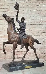 24 LBS Extra Large Indian Chief Riding Horse Bronze Statue By Remington Bronze