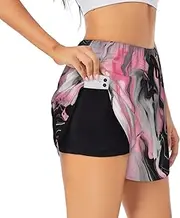 [GaxfjRu] Pinks Abstract Ink Marble Gray Artistic Print Women's Running Shorts High Waisted Running Shorts Pocket Sporty Gym Elastic Short