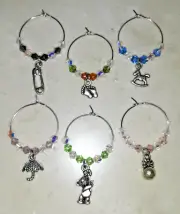 Set of 6 - SILVER Wine Glass STEM CHARMS - New Baby Gender Reveal - NEW