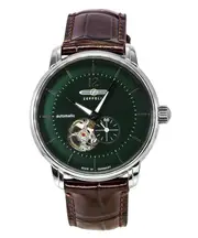 Zeppelin LZ 120 Bodensee Leather Strap Open Heart Green Dial Automatic 21 Jewels 81664 50M Mens Watch