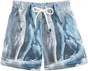 [RPLIFE] Kids Swimming Trunks, Anti Chafe Swim Trunks Boys 2T, White Wolf Cyan Dragon