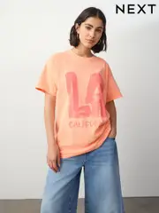 Fluro Orange Oversized Washed Bright LA City Graphic Print Short Sleeve Crew Neck T-Shirt (W56842) | $45