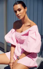 Sula Mini Dress - Asymmetric Off One Shoulder Puff Sleeve Dress in Pink