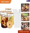 Drinking Glasses with Bamboo Lids and Glass Straw 4pcs Set - 16oz Can Shaped ...