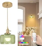 Shenmoyl Battery Operated Pendant Light 5000mAh Rechargeable Chandelier with Remote Control Wireless Adjustable Hanging Green Striped Light for Kitchen Island Dining Room Hallway