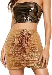 [Generic] Women's Glitter Sequin Metallic Skirt Gold Tie Hip Wrap Bodycon Mini Skirts Concert Night Out Party Costume