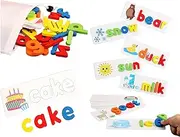 Toddler Reading and Spelling Learning Toys,52 Wooden ABC Alphabet & 28 Words Flash Cards,Montessori Preschool Learning Educational Toy,Letter Matching Game