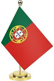 Portugal Desk Flag,12 inch Tall Small Portuguese Indoor Banner,Tiny Printing Decor For Office Home Table Meeting With Golden Metal Pole Base