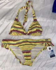 Roxy 2 Piece Swimsuit Aztec Halter Bikini Top & Ruffle Scooter Bottom L (C12)