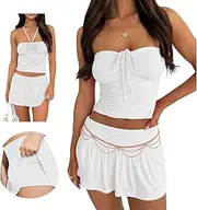 [Hafailia] Summer Two Piece Outfits for Women Y2K Going Out Tie Ruched Tube Crop Tops Low Rise Pleated Mini Skort Skirt Sets