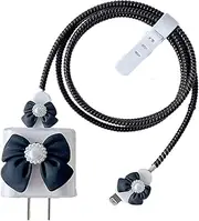 Cute DIY Cable Protector for iPhone 18W/20W USB-C Charger,3D Butterfly Bow Tie with Pearl Design,Soft Clear TPU Charging Protector Cover,Wire Cord Saver,Phone Cord Protector for iPhone Charger-Black