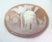 NOS Antique Hand Carved Oval Shell CAMEO Stone Windmill & Tree Scene #N452