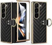 [XIMAND] for Samsung Galaxy Z Fold 6 Luxurious Stylish Business V Pattern Leather Phone Case with Ring Design, Built-in Front Screen Protector Anti-Slip, Anti-Drop, and Two-in-One Protection.(Black)