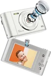 Compact Digital Camera 50MP Dual Lens Self Adaptive Anti Shaking 2.4 Inch Screen Portable Camera for Kids Students Vlog, Clear Photos, HD Videos with Digital Zoom, Easy (Silver)