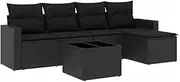 vidaXL Garden Sofa Set with Cushions/Storage - 6 Piece Black Poly Rattan - Modular Outdoor Sofa, Patio Furniture with Tempered Glass Tabletop