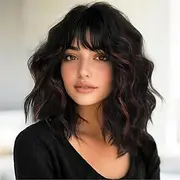 Bob Wavy Wigs With Bangs Black Mixed Brown Wigs for Women Short Curly Wavy Wigs with Highlights Natural Looking Shoulder Length Womens Wig for Daily Party Use