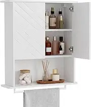 GAOMON Medicine Cabinet with Two Door, Wood Wall Mounted Bathroom Storage Cabinet with Adjustable Shelf and Towel Bar, 2-Tier Cabinet for Bathroom Living Room Laundry Room Kitchen, Black (White)
