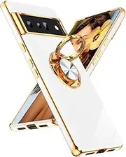 [LeYi] for Google Pixel 6 Pro Case: 360° Rotatable Ring Holder Magnetic Kickstand, Plating Rose Gold Edge Protective for Google Pixel 6 Pro Case,White