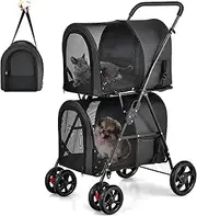 Double Decker Pet Stroller, 4 in 1 Foldable Pet Stroller with Storage Bag, Fixed Rope, Mesh Windows, 360° Swivel Wheel, Puppy Stroller for Small/Medium Dogs/Cats/Pets