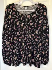 Old Navy Blouse Sz L Black Floral Paisley Lace Trim LS Peasant Tunic Top NWOT
