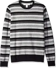 [Amazon Essentials] Men's Crewneck Sweater, 100% Cotton, Black Grey Stripe, Medium, Big & Tall Options Available