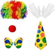 5pcs Clown Costume Wig Set, Clown Rainbow Wig Clown Nose Bow Tie White Gloves for Halloween Parties Christmas Carnival Circus Cosplay Party Men Women Kid Adults