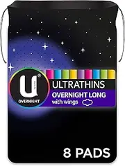 U by Kotex Ultrathin Overnight Long Pads with Wings, Long, 8 Count
