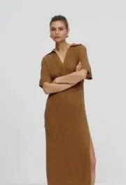Shona Joy Mikala Crochet Polo MIDI Dress Walnut Size 8
