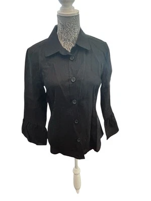 Boutique Essentials Women’s Black Linen Button High Collar Blazer Top L