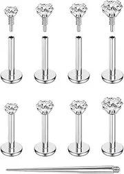 [PunkTracker] 20G 18G 16G Titanium Flat Back Internal Thread CZ Stud Piercing Jewelry for Tragus Nose Helix Hypoallergenic Nose Rings Studs Lip Monroe Labret Medusa Cartilage Earrings 8PCS
